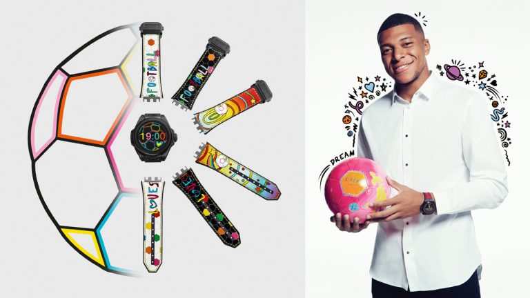 Hublot Loves Football × Kylian Mbappé Los colores reflejan la historia del jugador: el rosa, su favorito, por las primeras botas de fútbol de sus sueños; el naranja, por Inspired by KM, su fundación de ayuda a la infancia; y el azul, por Francia y por la belleza del cielo.