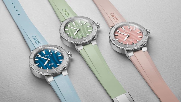 Oris lanza el modelo Aquis Date 36,5 mm con un surtido de tres esferas de nácar. Oris lanza el modelo Aquis Date 36,5 mm con un surtido de tres esferas de nácar.