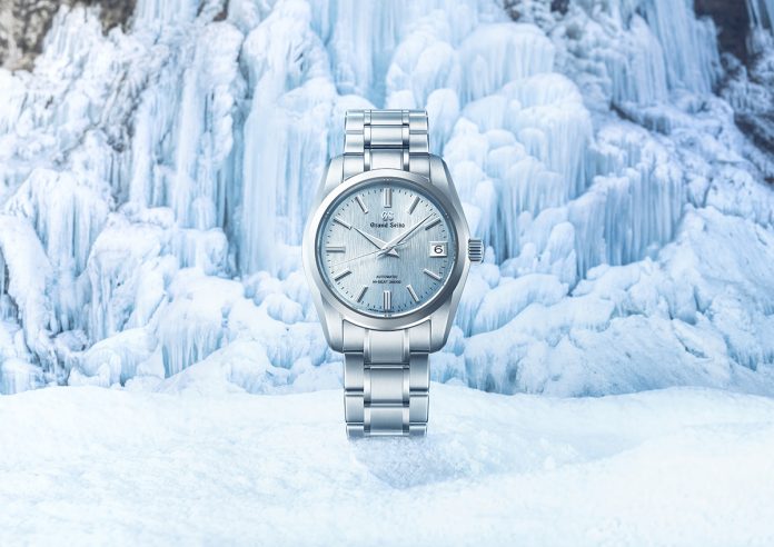 Frozen waterfall Jily Su in winter. Landscape of mountains with