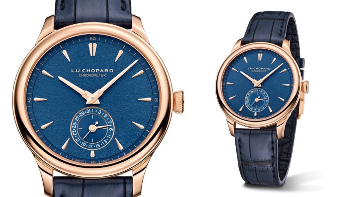 chopard_2 Este reloj de venta exclusiva en las boutiques Chopard viene con una correa intercambiable de piel de aligátor azul con costuras tono sobre tono, o de becerro marrón con costuras en beige. Ambas están sujetas por una hebilla de oro ético rosa.