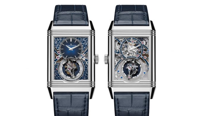 jaeger reverso juego de contrastes El lacado azul oscuro se presenta en las esferas de ambos lado del Reverso Hybris Artistica Calibre 179 y genera un interesante contraste con los puentes, las platinas decorativas y la caja de oro blanco.